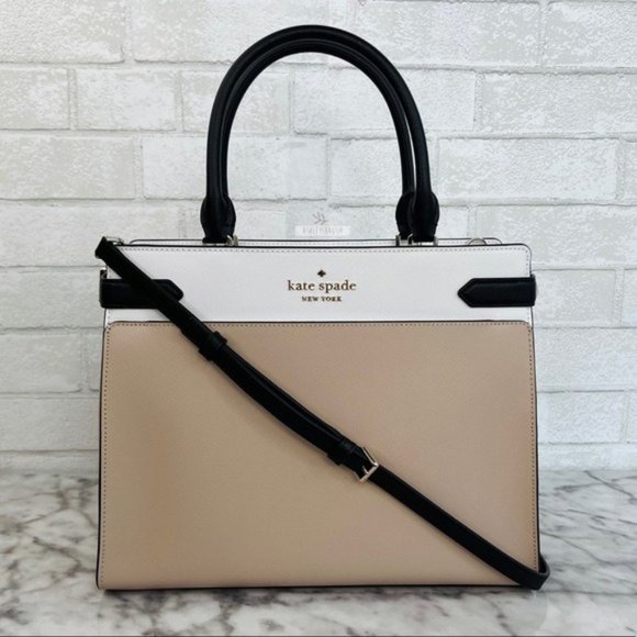 Kate Spade Staci Warm Beige Colorblock Large Satchel Crossbody - Picture 1 of 11